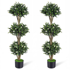 51 inches Artificial Triple Ball Boxwood Topiary Tree with 59 Blossoms Set of 2-White