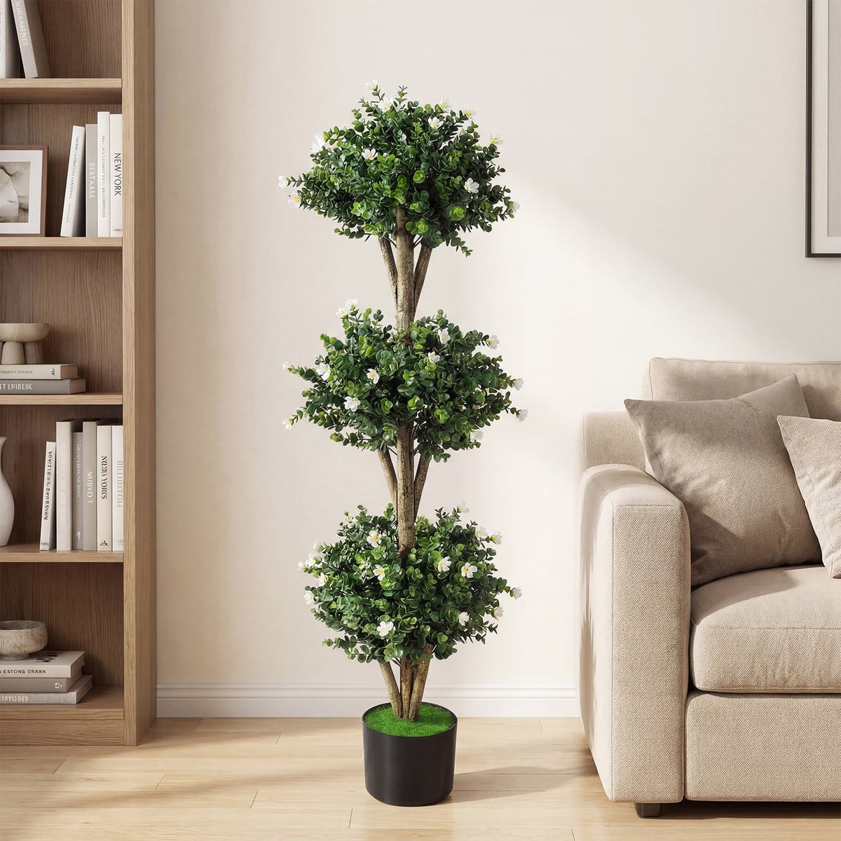 51 inches Artificial Triple Ball Boxwood Topiary Tree with 59 Blossoms Set of 2-White view 5