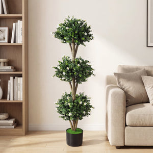 51 inches Artificial Triple Ball Boxwood Topiary Tree with 59 Blossoms Set of 2-White view 5