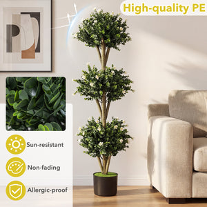 51 inches Artificial Triple Ball Boxwood Topiary Tree with 59 Blossoms Set of 2-White view 7
