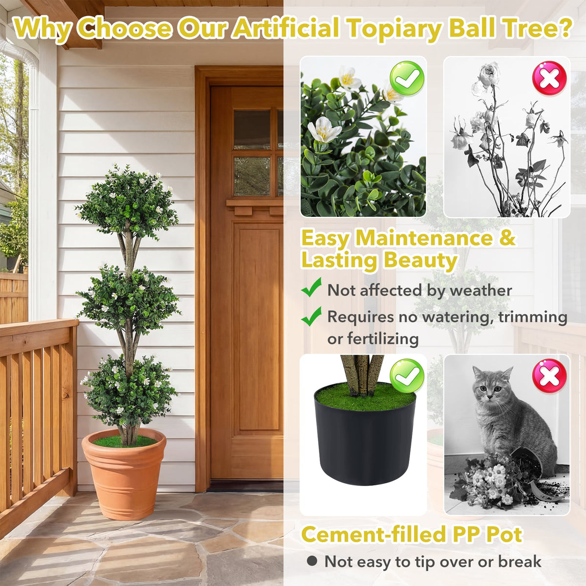51 inches Artificial Triple Ball Boxwood Topiary Tree with 59 Blossoms Set of 2-White view 8