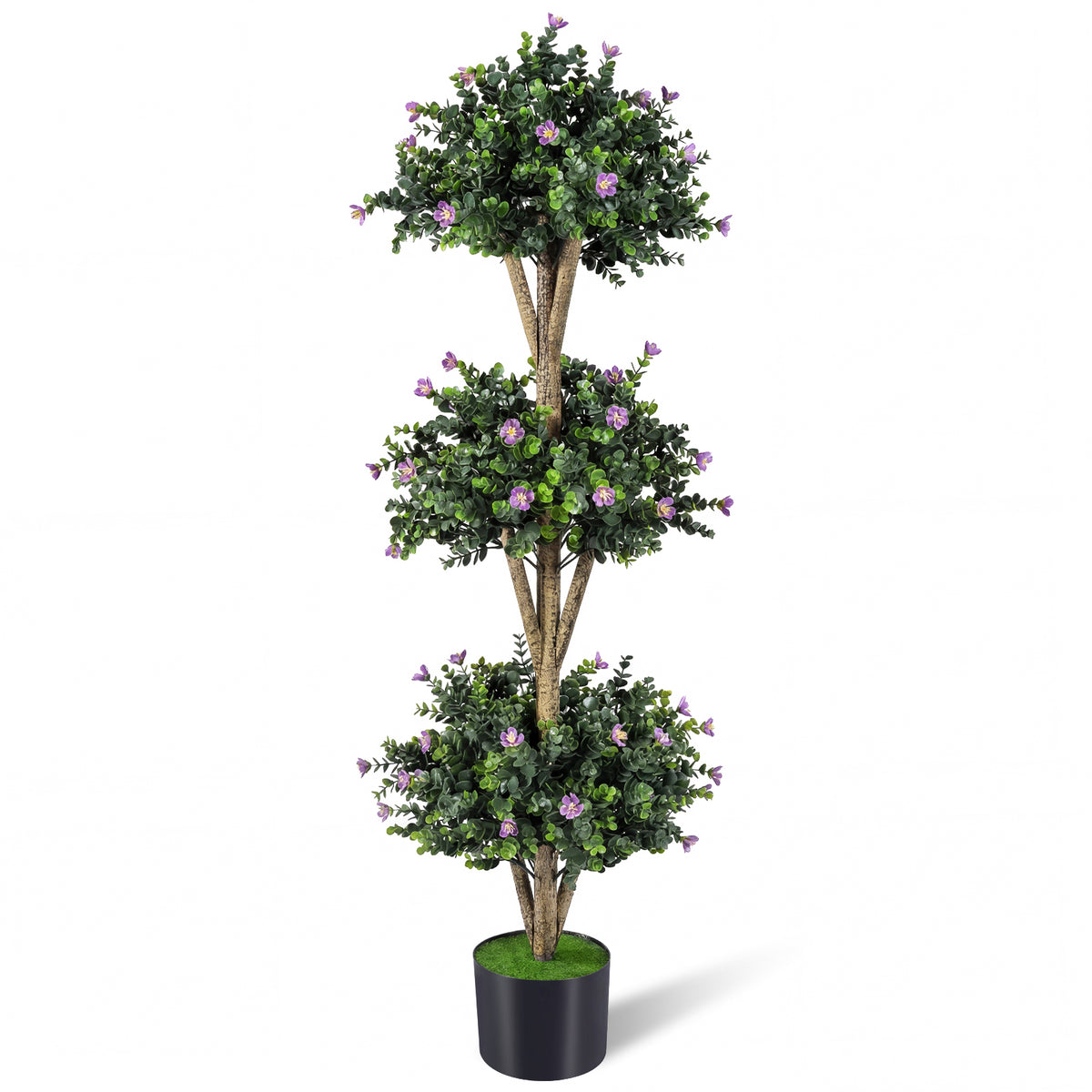 51 inches Artificial Triple Ball Boxwood Topiary Tree with 59 Blossoms-Purple
