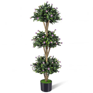51 inches Artificial Triple Ball Boxwood Topiary Tree with 59 Blossoms-Purple