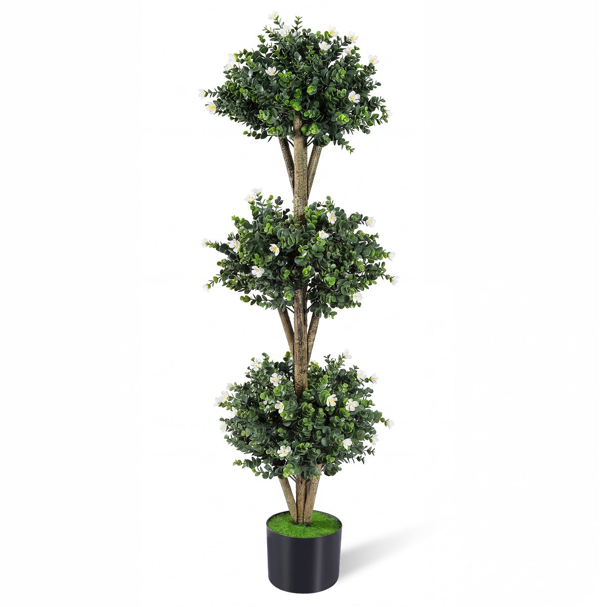 51 inches Artificial Triple Ball Boxwood Topiary Tree with 59 Blossoms-White