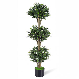 51 inches Artificial Triple Ball Boxwood Topiary Tree with 59 Blossoms-White