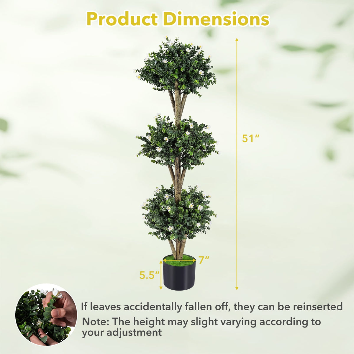51 inches Artificial Triple Ball Boxwood Topiary Tree with 59 Blossoms-White view 4