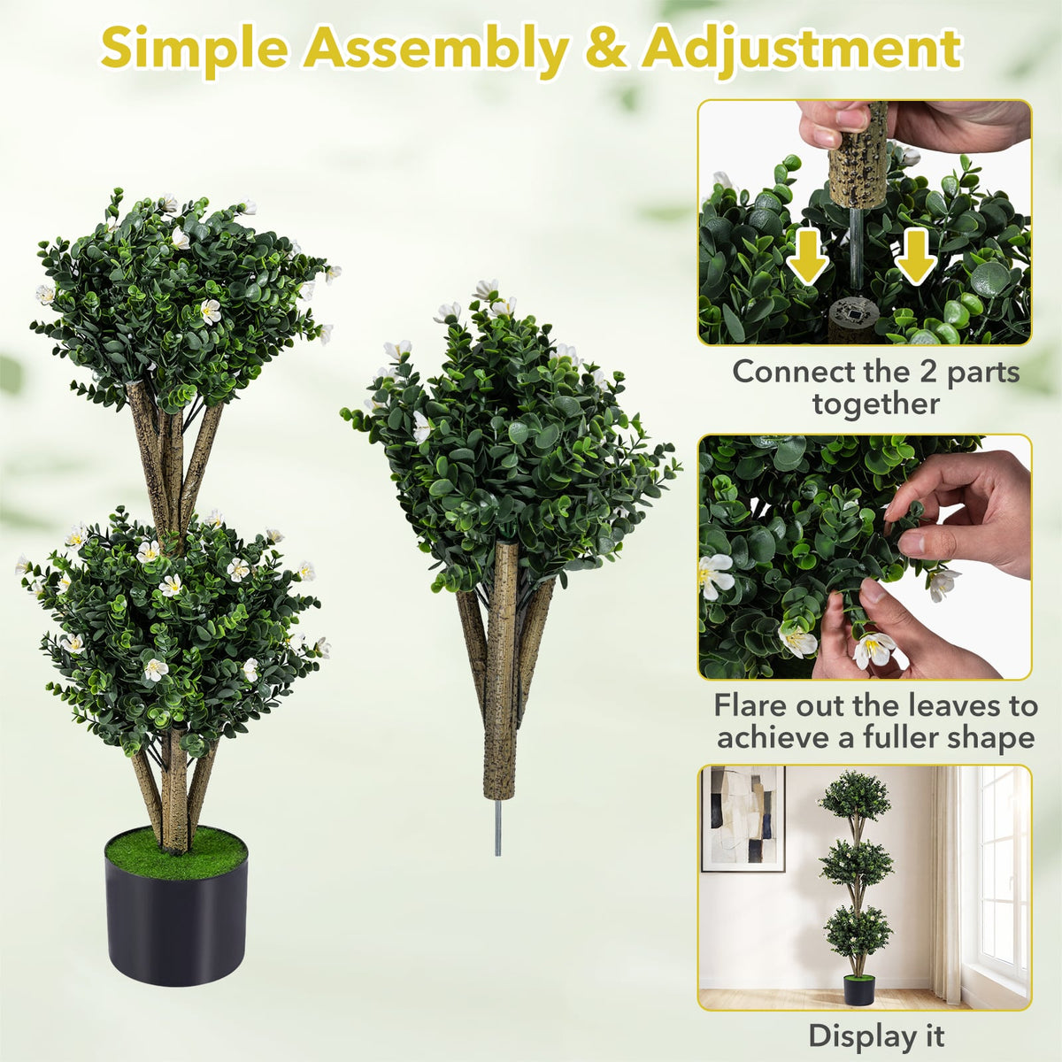 51 inches Artificial Triple Ball Boxwood Topiary Tree with 59 Blossoms-White view 6