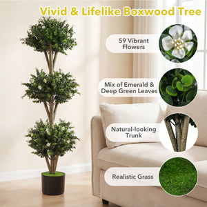 51 inches Artificial Triple Ball Boxwood Topiary Tree with 59 Blossoms-White view 9