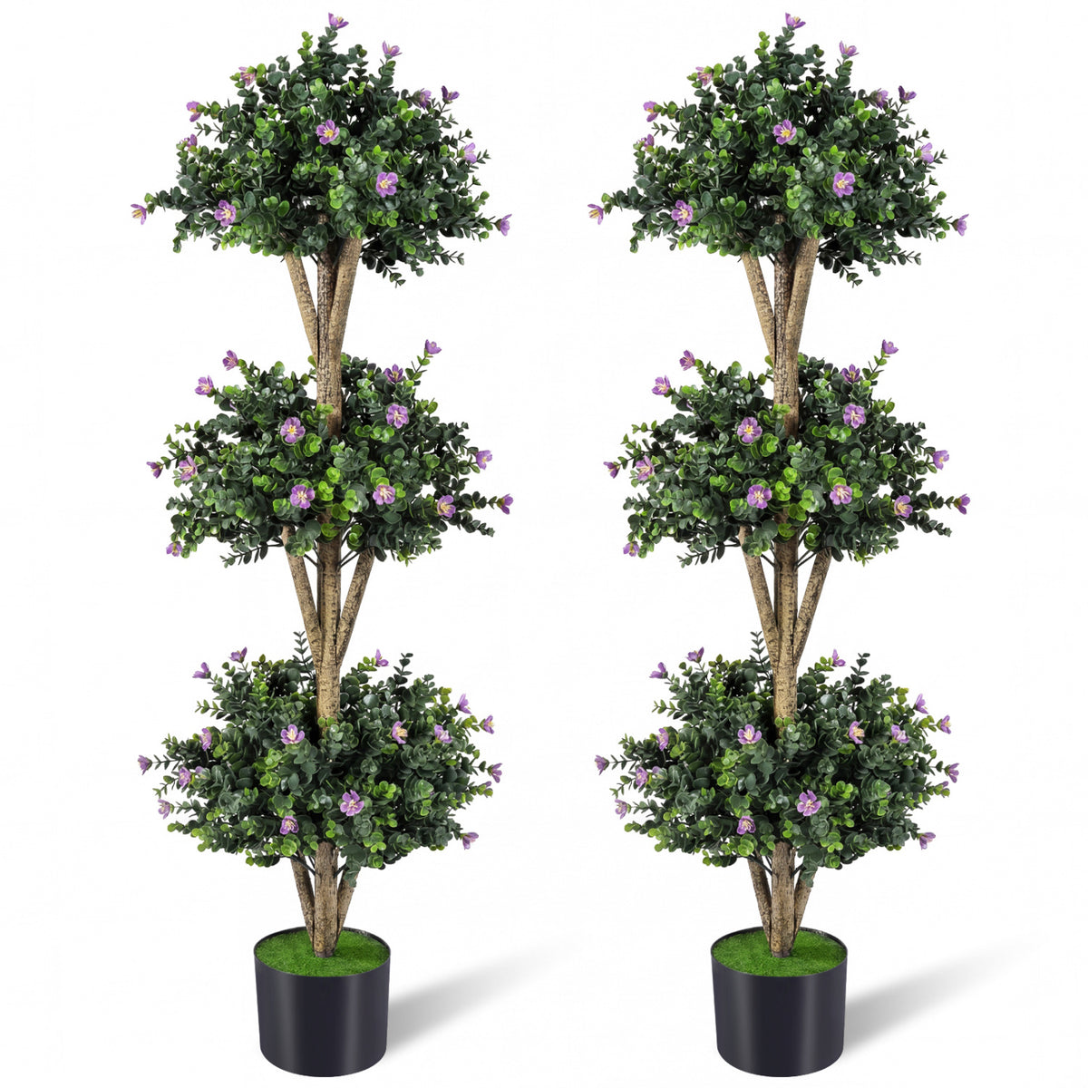 51 inches Artificial Triple Ball Boxwood Topiary Tree with 59 Blossoms Set of 2-Purple