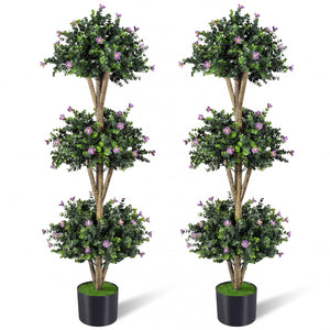 51 inches Artificial Triple Ball Boxwood Topiary Tree with 59 Blossoms Set of 2-Purple