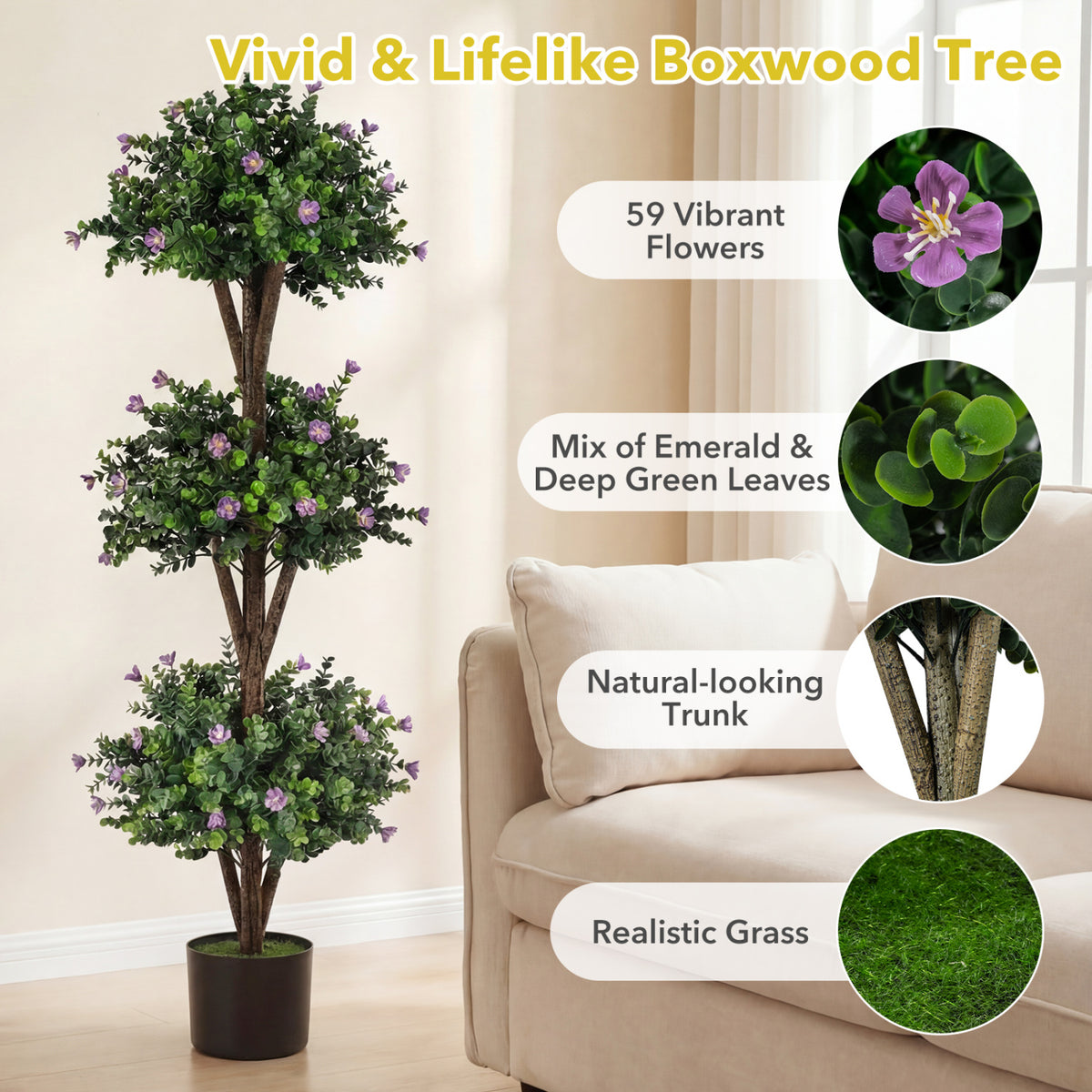51 inches Artificial Triple Ball Boxwood Topiary Tree with 59 Blossoms Set of 2-Purple view 6
