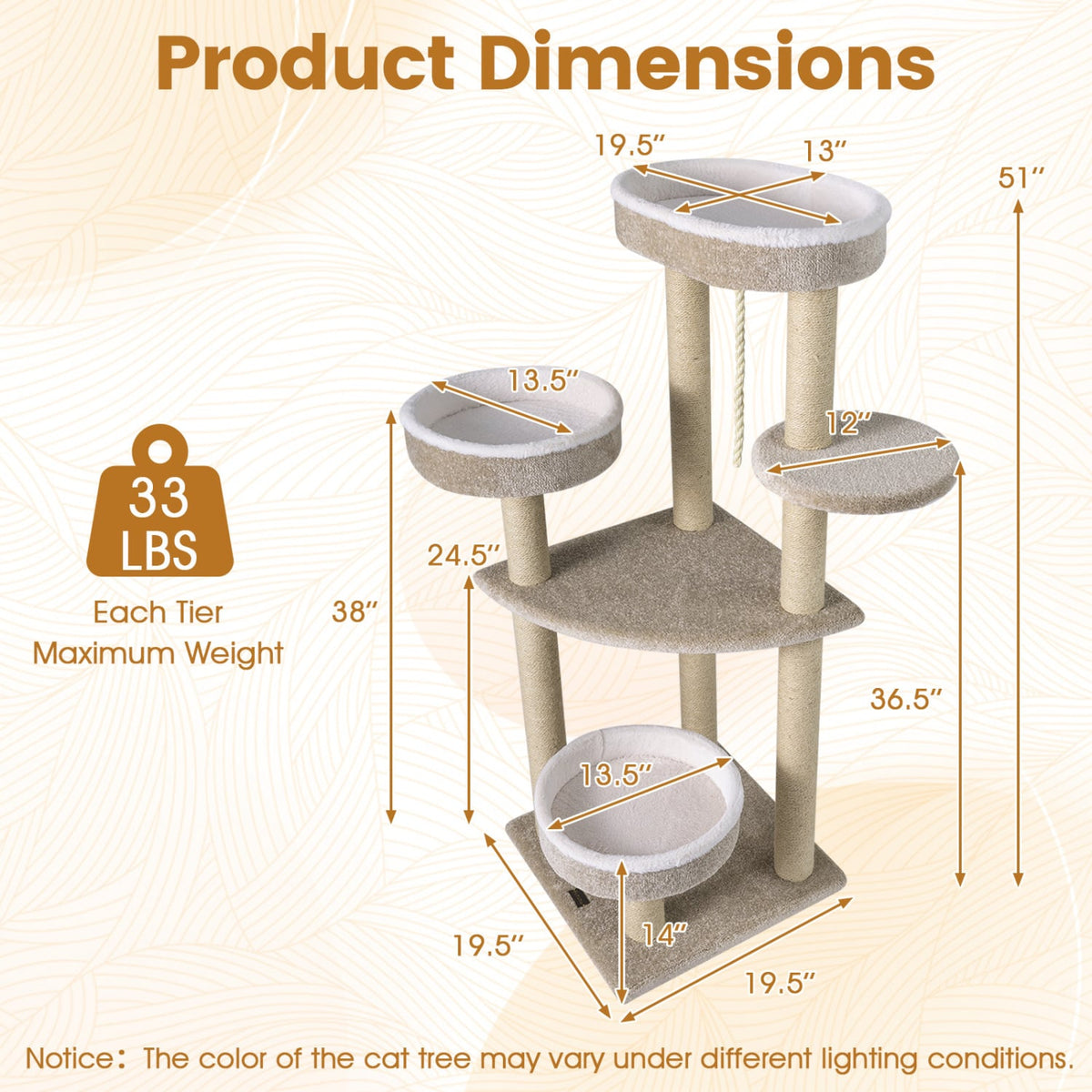 51 inchesCarpeted Cat Tree with Comfy Plush Perches for Indoor Cats-Beige view 5