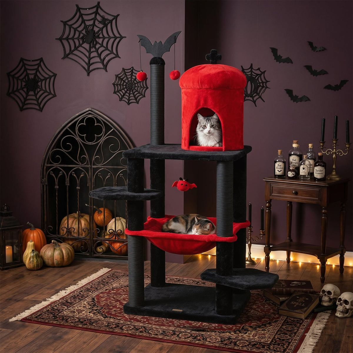 51” Gothic Multi-level Cat Tree with Spider Hanging Toy for Black Halloween-Red view 2