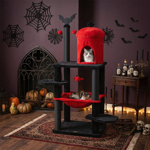 51” Gothic Multi-level Cat Tree with Spider Hanging Toy for Black Halloween-Red view 2