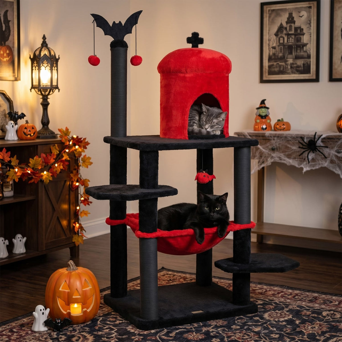 51” Gothic Multi-level Cat Tree with Spider Hanging Toy for Black Halloween-Red view 3