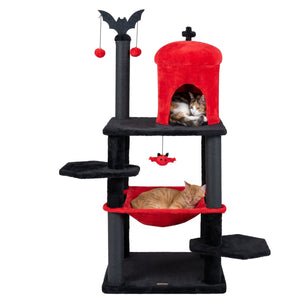 51” Gothic Multi-level Cat Tree with Spider Hanging Toy for Black Halloween-Red