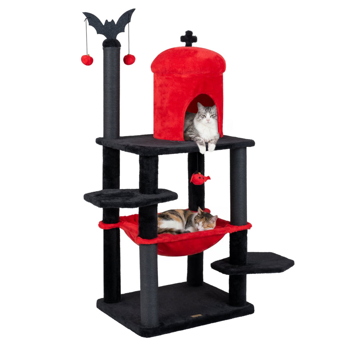 51” Gothic Multi-level Cat Tree with Spider Hanging Toy for Black Halloween-Red view 4