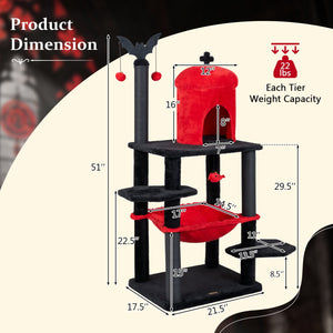51” Gothic Multi-level Cat Tree with Spider Hanging Toy for Black Halloween-Red view 5