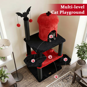 51” Gothic Multi-level Cat Tree with Spider Hanging Toy for Black Halloween-Red view 7