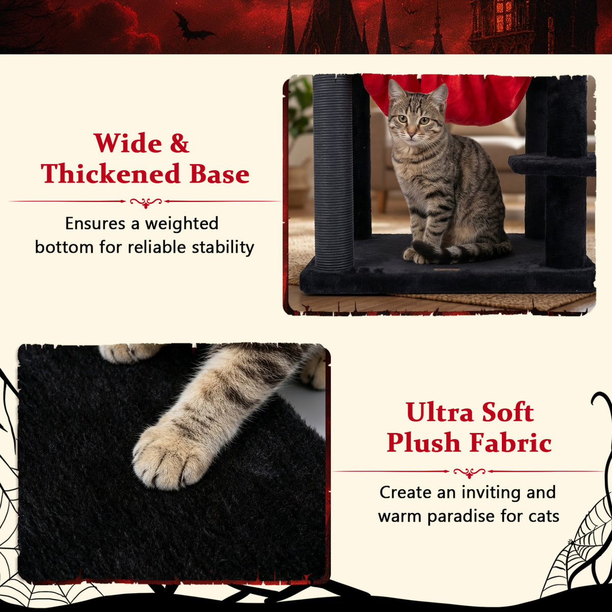 51” Gothic Multi-level Cat Tree with Spider Hanging Toy for Black Halloween-Red view 8