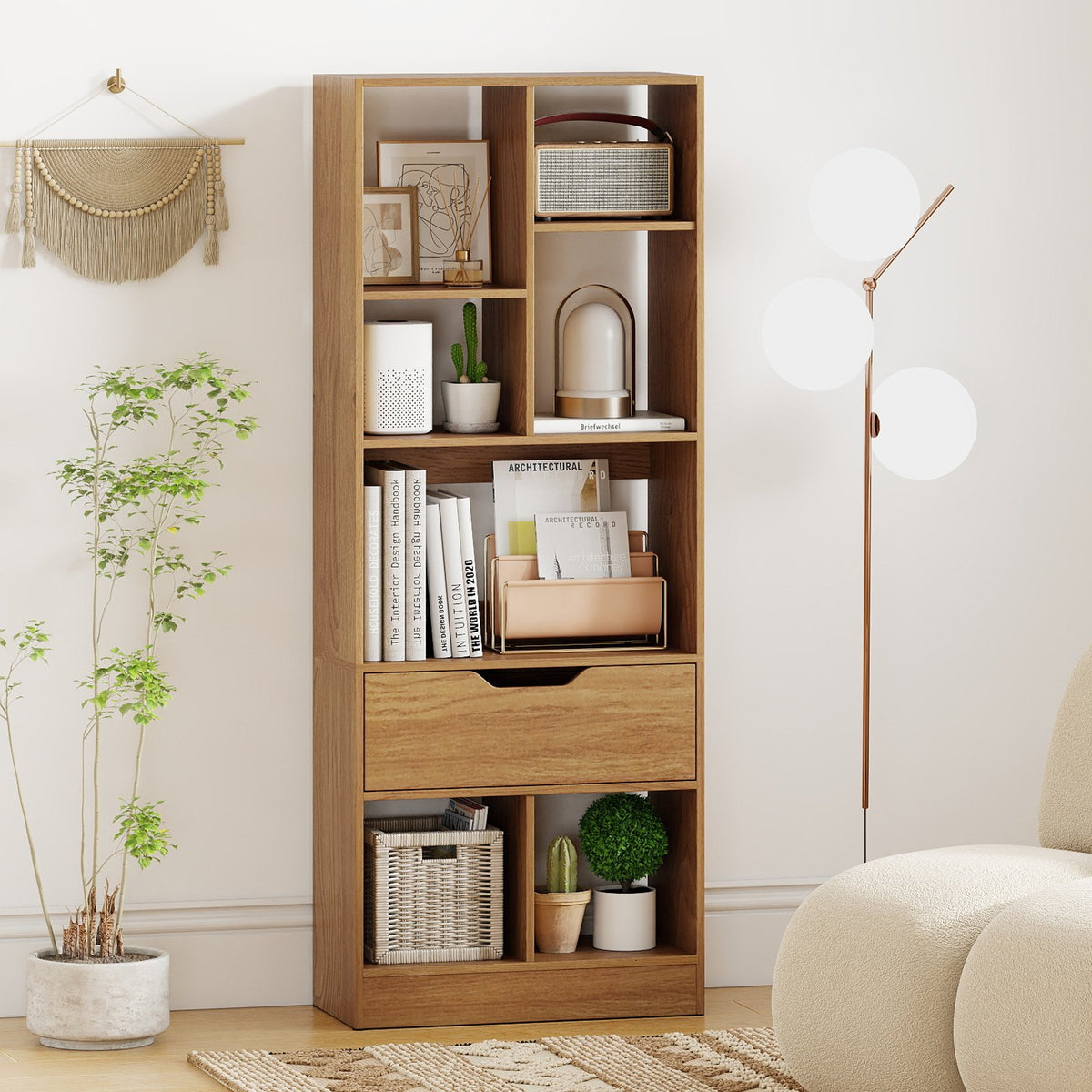 51inch Tall Freestanding Bookcase with Drawer 7-Cube Storage Organizer-Natural view 2