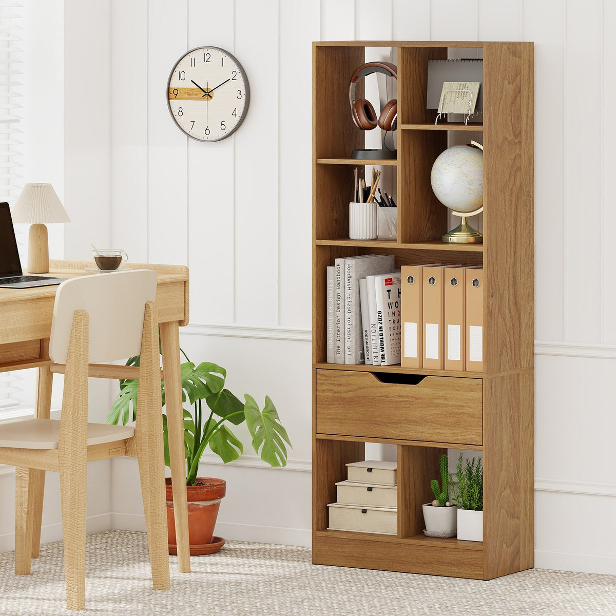 51inch Tall Freestanding Bookcase with Drawer 7-Cube Storage Organizer-Natural view 3