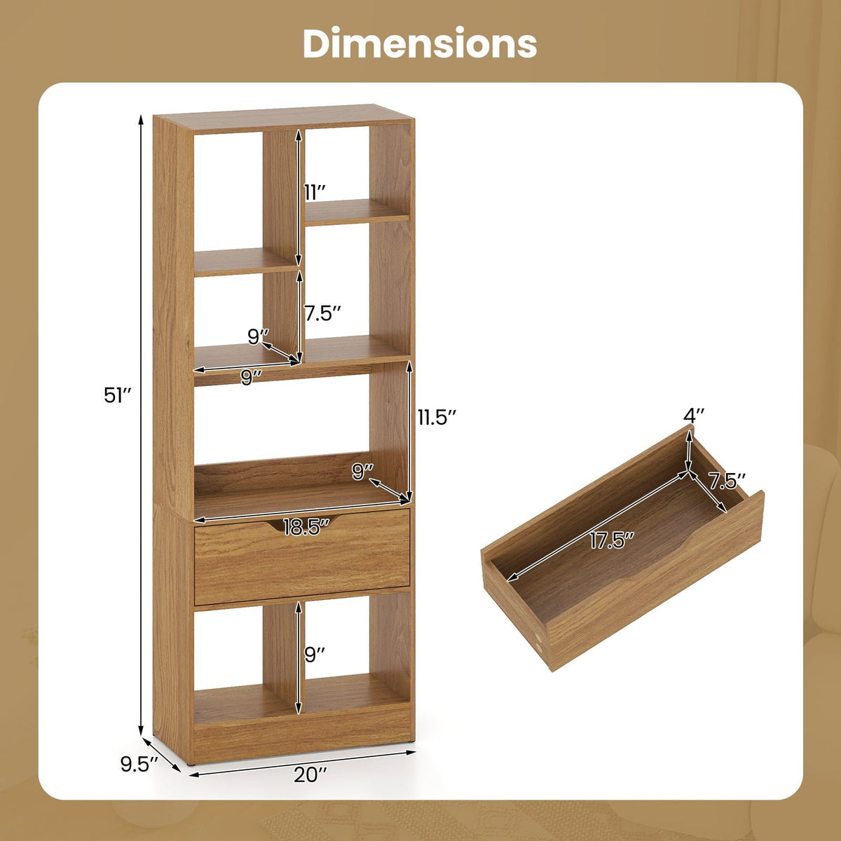 51inch Tall Freestanding Bookcase with Drawer 7-Cube Storage Organizer-Natural view 5