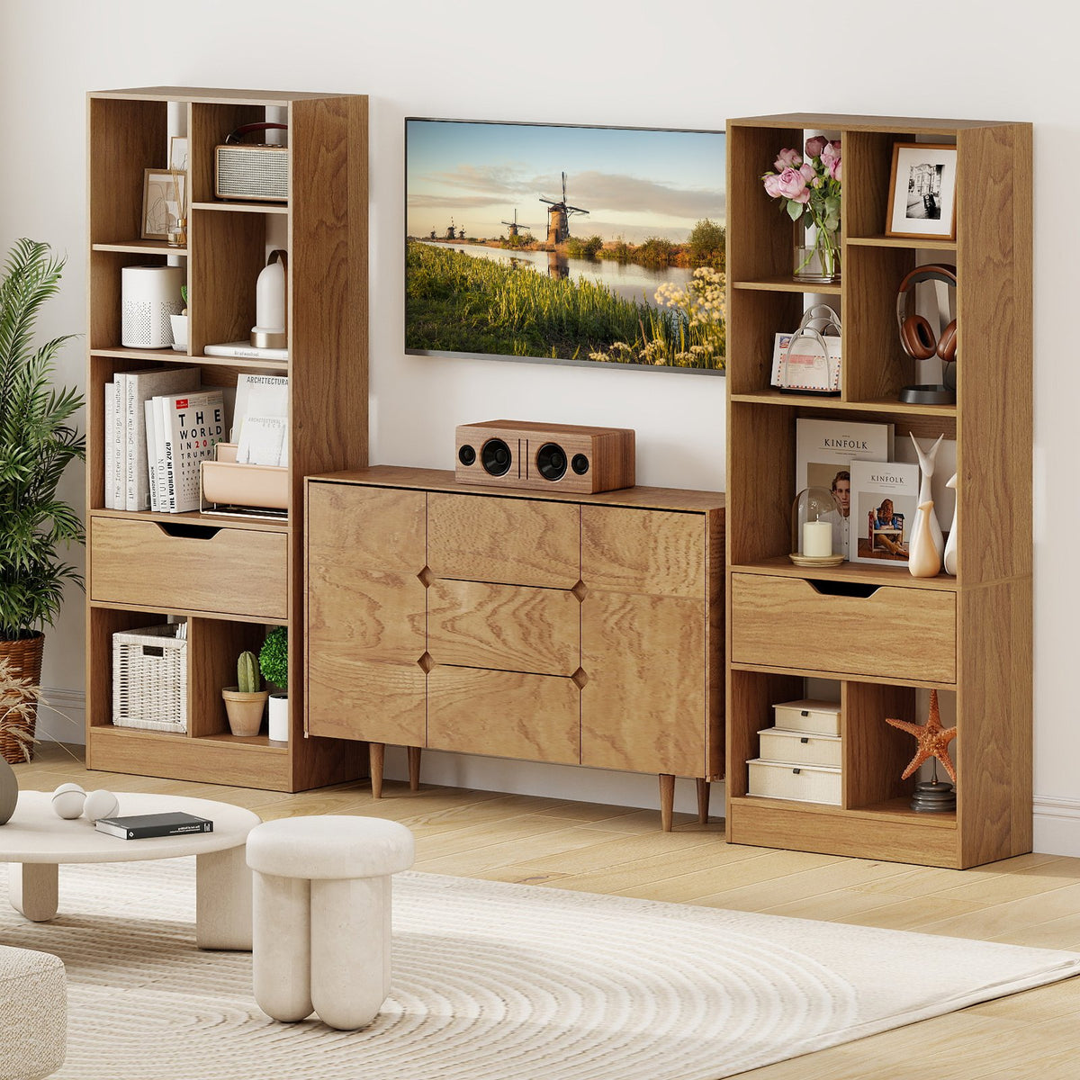 51inch Tall Freestanding Bookcase with Drawer 7-Cube Storage Organizer-Natural view 7
