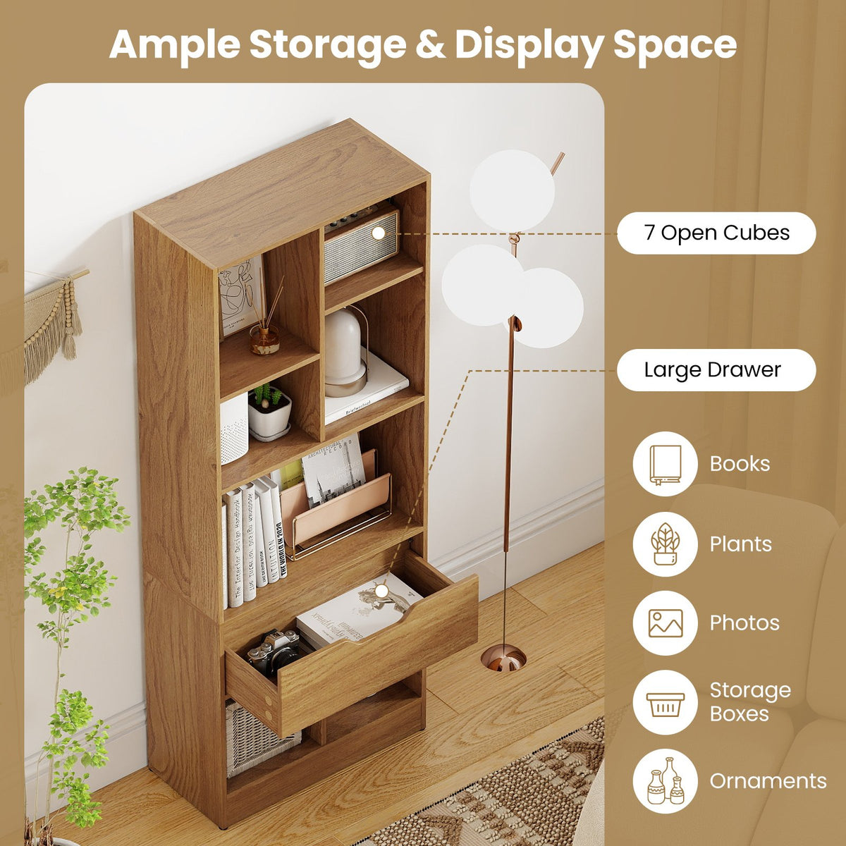 51inch Tall Freestanding Bookcase with Drawer 7-Cube Storage Organizer-Natural view 9
