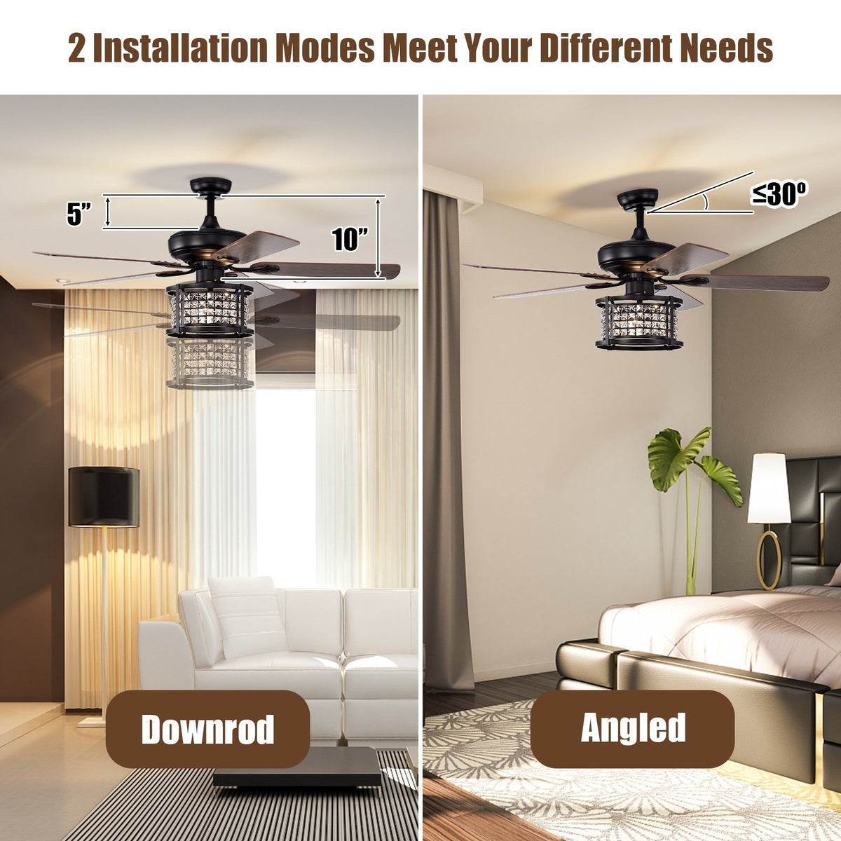 52 Inch 3-Speed Crystal Ceiling Fan Light with Remote Control-Black view 3