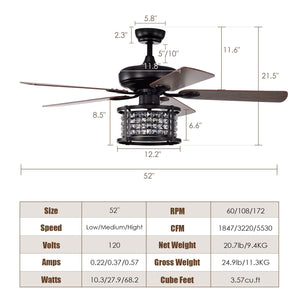 52 Inch 3-Speed Crystal Ceiling Fan Light with Remote Control-Black view 5