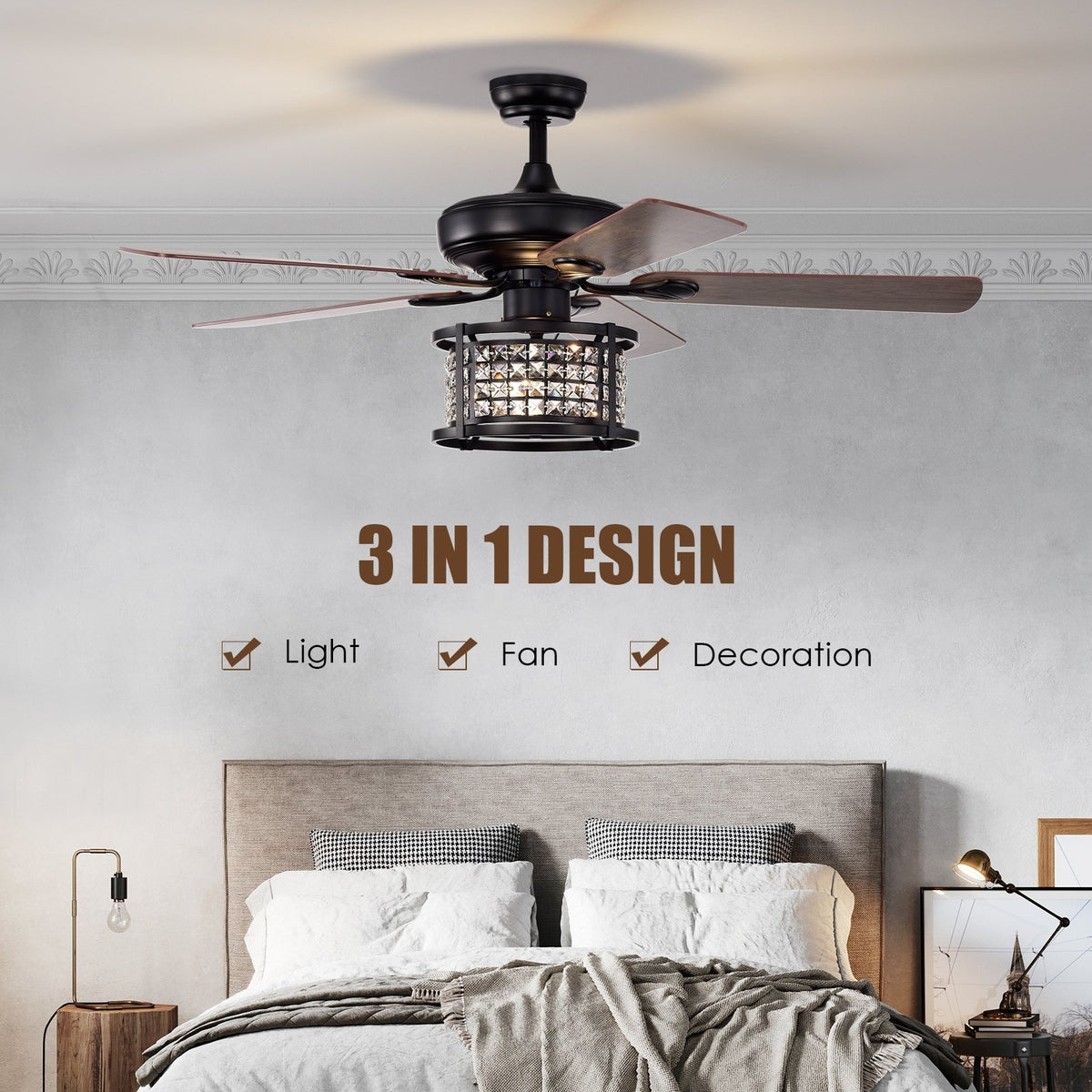 52 Inch 3-Speed Crystal Ceiling Fan Light with Remote Control-Black view 7