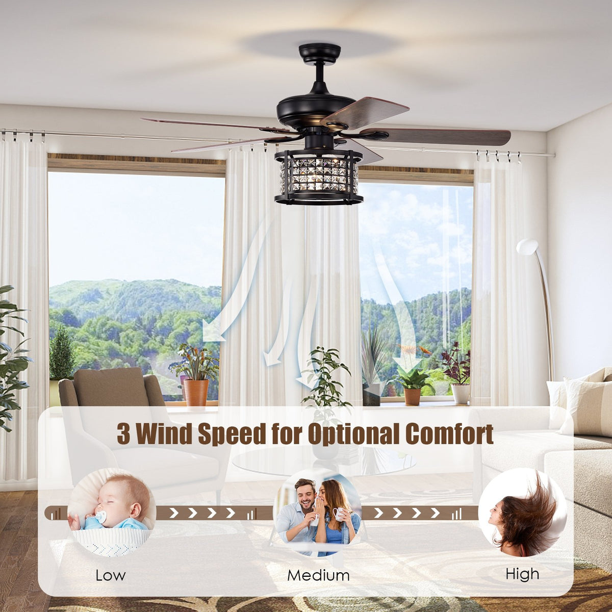 52 Inch 3-Speed Crystal Ceiling Fan Light with Remote Control-Black view 8