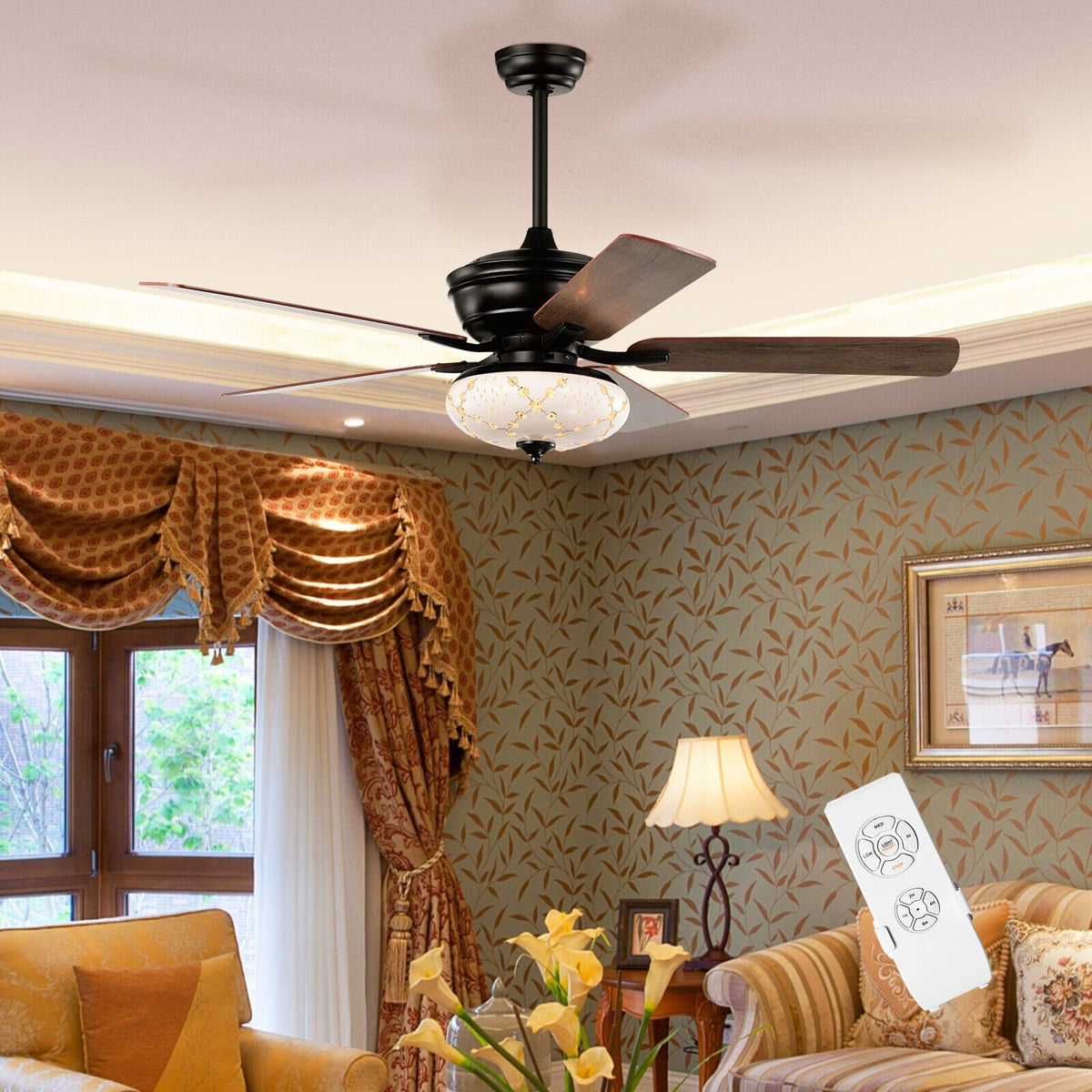 52 Inch Ceiling Fan with 3 Wind Speeds and 5 Reversible Blades-Black view 2
