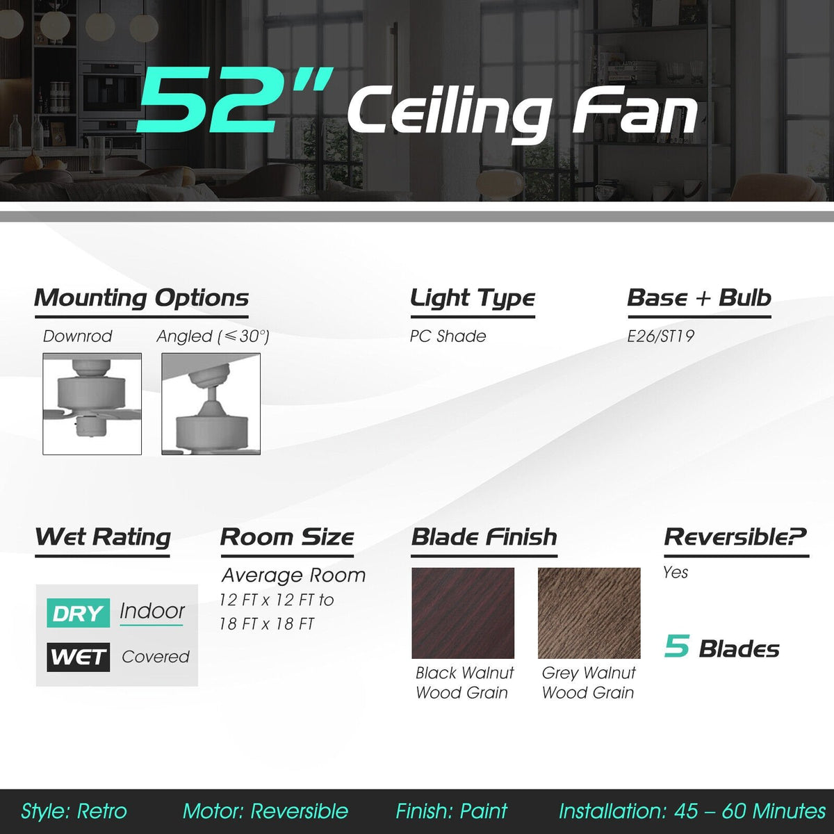 52 Inch Ceiling Fan with 3 Wind Speeds and 5 Reversible Blades-Black view 8