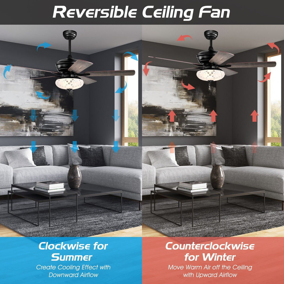 52 Inch Ceiling Fan with 3 Wind Speeds and 5 Reversible Blades-Gray view 3