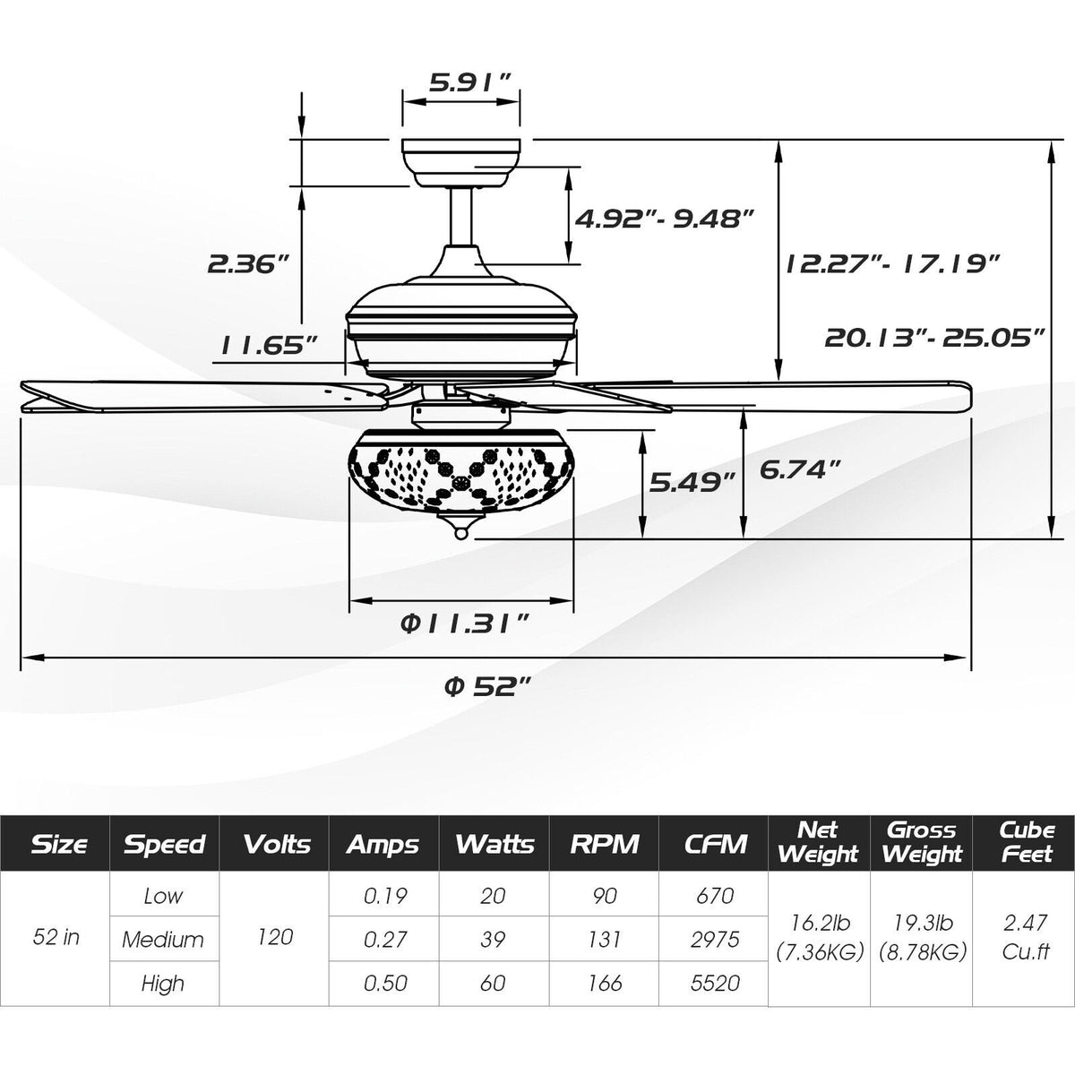 52 Inch Ceiling Fan with 3 Wind Speeds and 5 Reversible Blades-Gray view 4