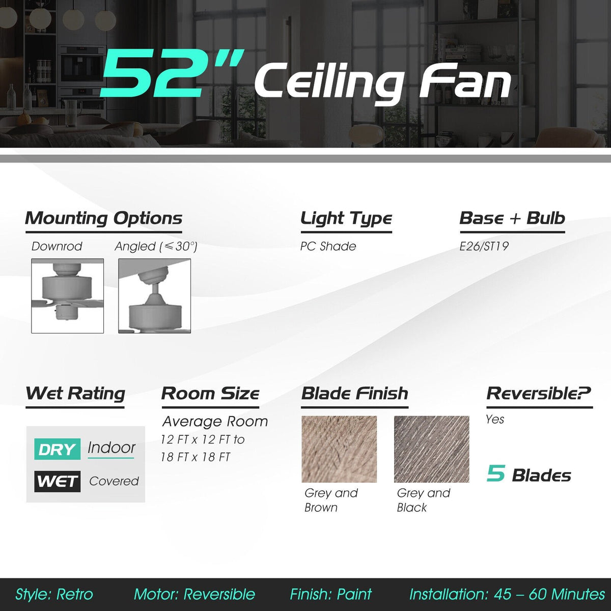 52 Inch Ceiling Fan with 3 Wind Speeds and 5 Reversible Blades-Gray view 8
