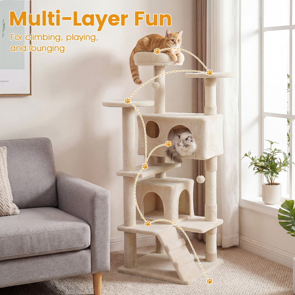52 Inch Tall Cat Tree Tower for Indoor Cats-Beige view 5