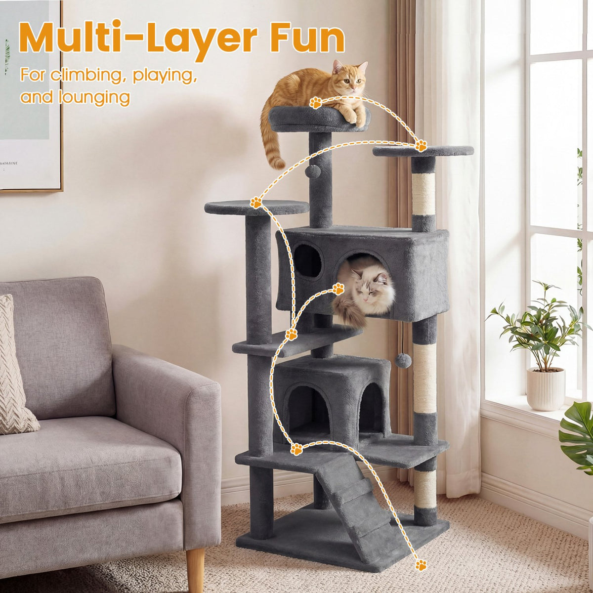 52 Inch Tall Cat Tree Tower for Indoor Cats-Light Gray view 5