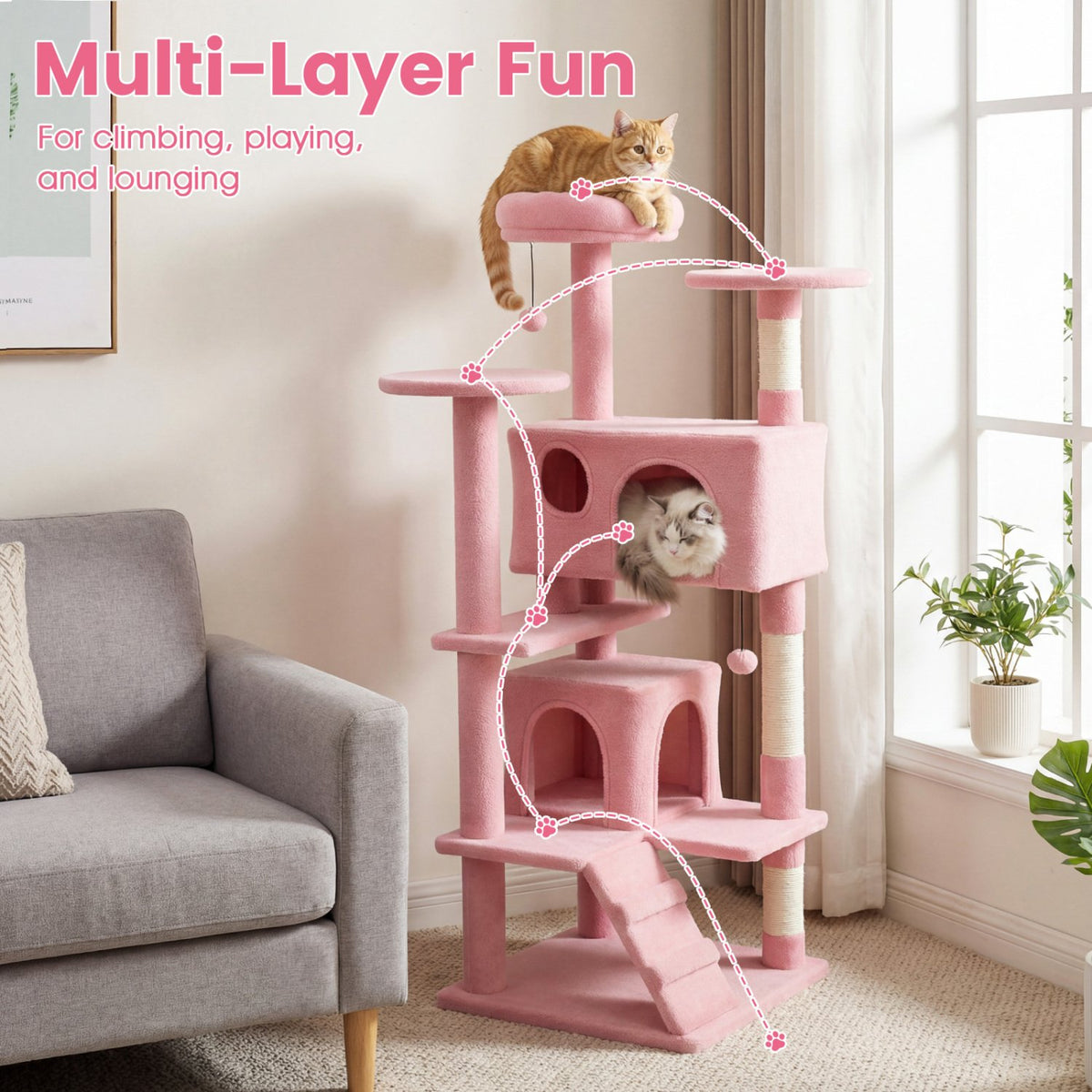 52 Inch Tall Cat Tree Tower for Indoor Cats-Pink view 5