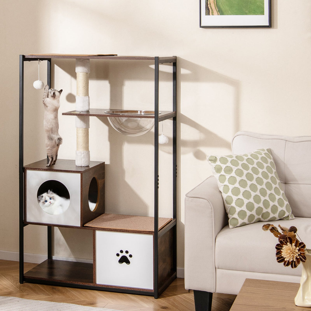 52 Inch Tall Wooden Cat Tree Metal Frame with 2 Condos and Cushions-Coffee view 2