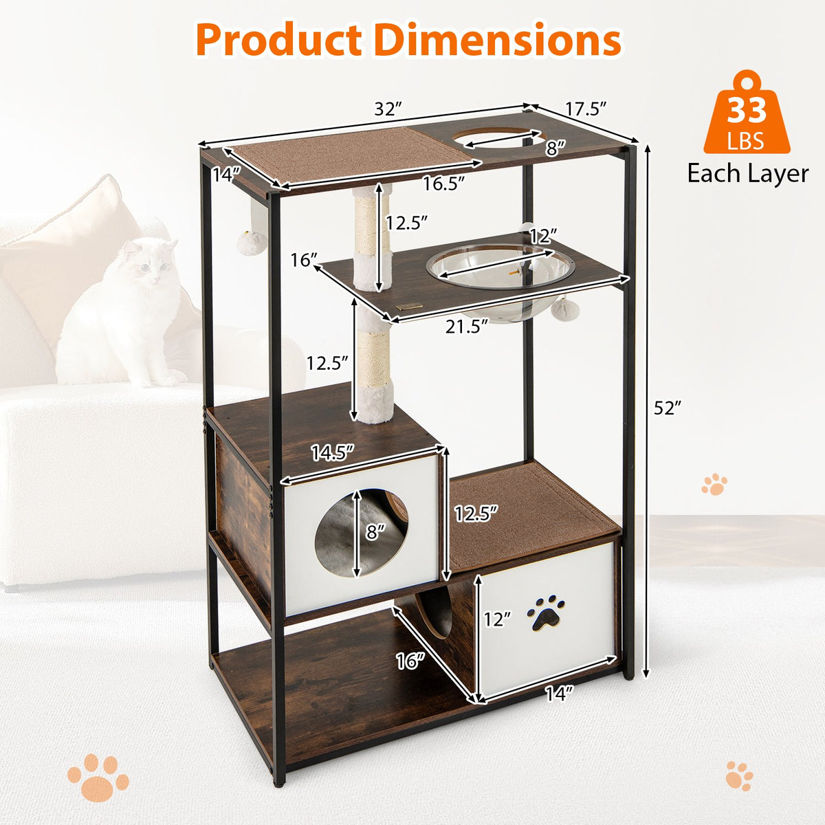 52 Inch Tall Wooden Cat Tree Metal Frame with 2 Condos and Cushions-Coffee view 5