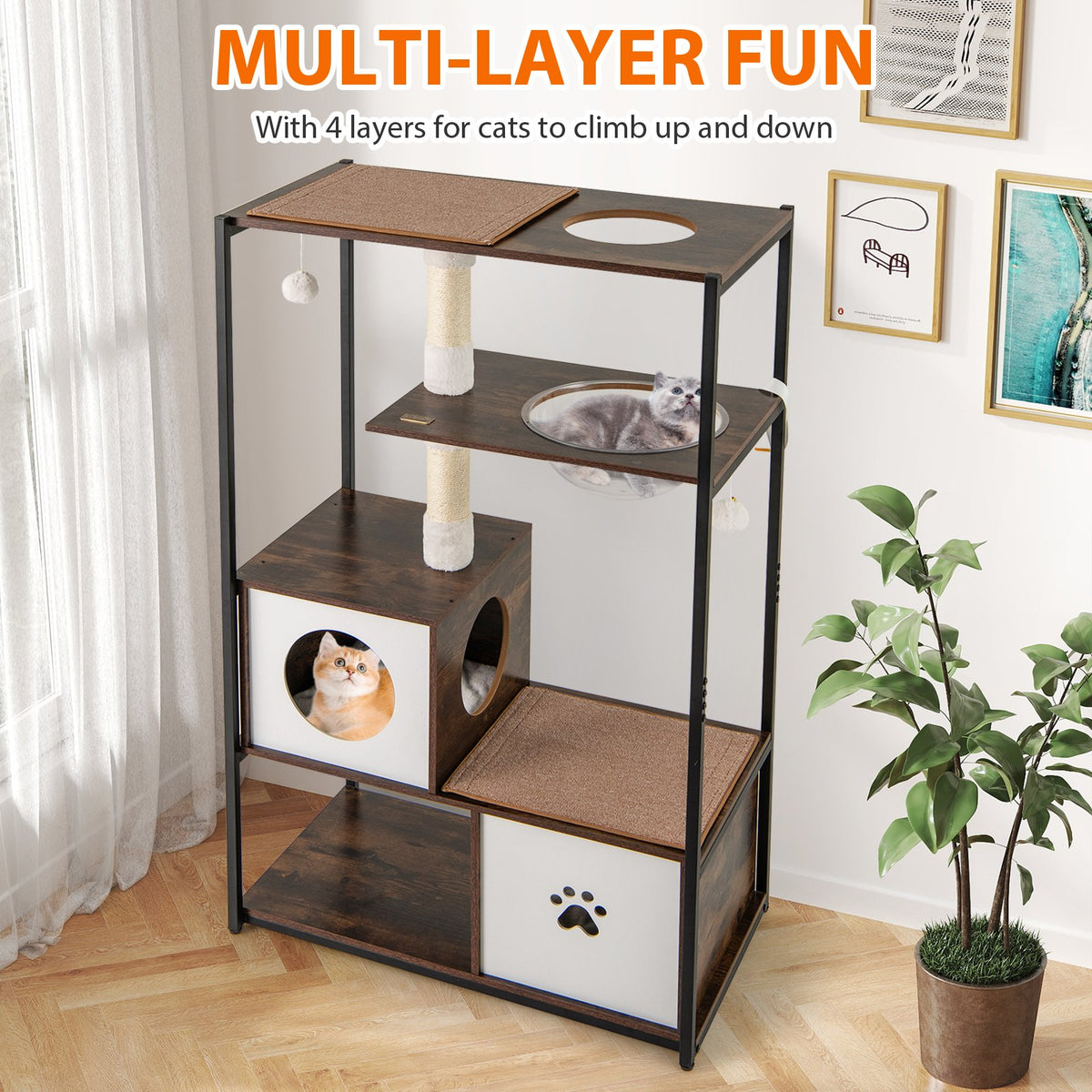 52 Inch Tall Wooden Cat Tree Metal Frame with 2 Condos and Cushions-Coffee view 6