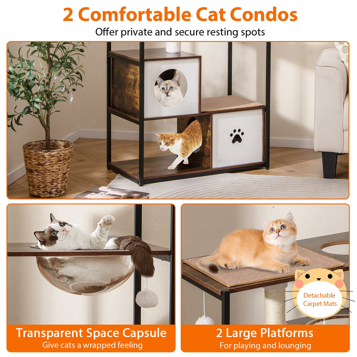 52 Inch Tall Wooden Cat Tree Metal Frame with 2 Condos and Cushions-Coffee view 7