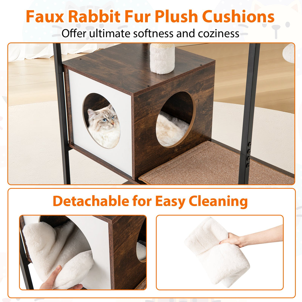 52 Inch Tall Wooden Cat Tree Metal Frame with 2 Condos and Cushions-Coffee view 9