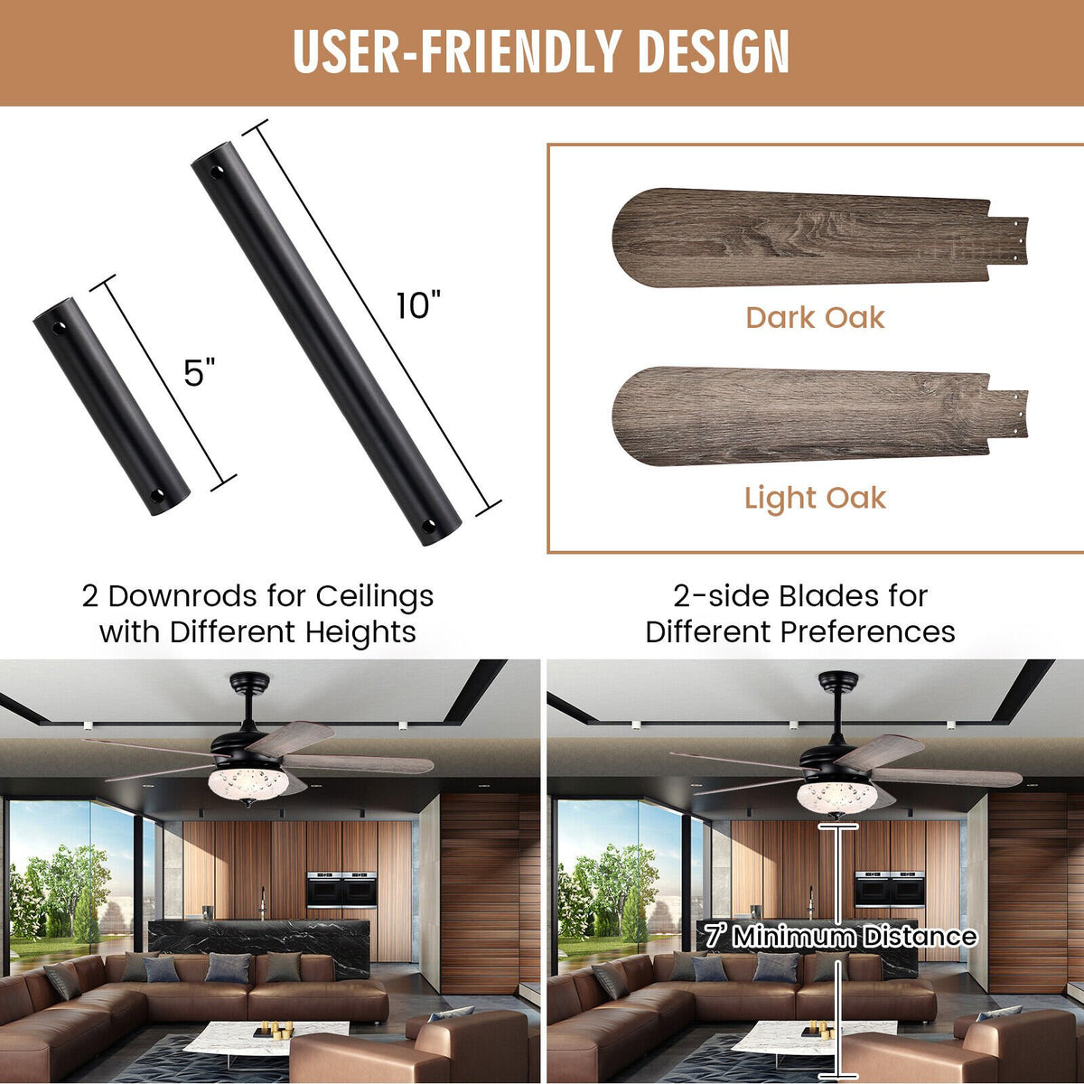 52 Inches Ceiling Fan with Remote Control-Oak view 3