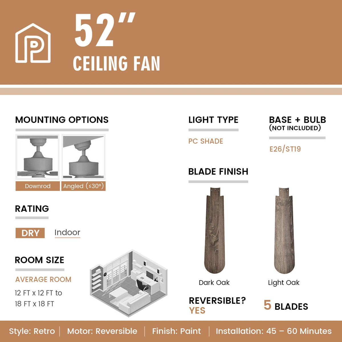 52 Inches Ceiling Fan with Remote Control-Oak view 5