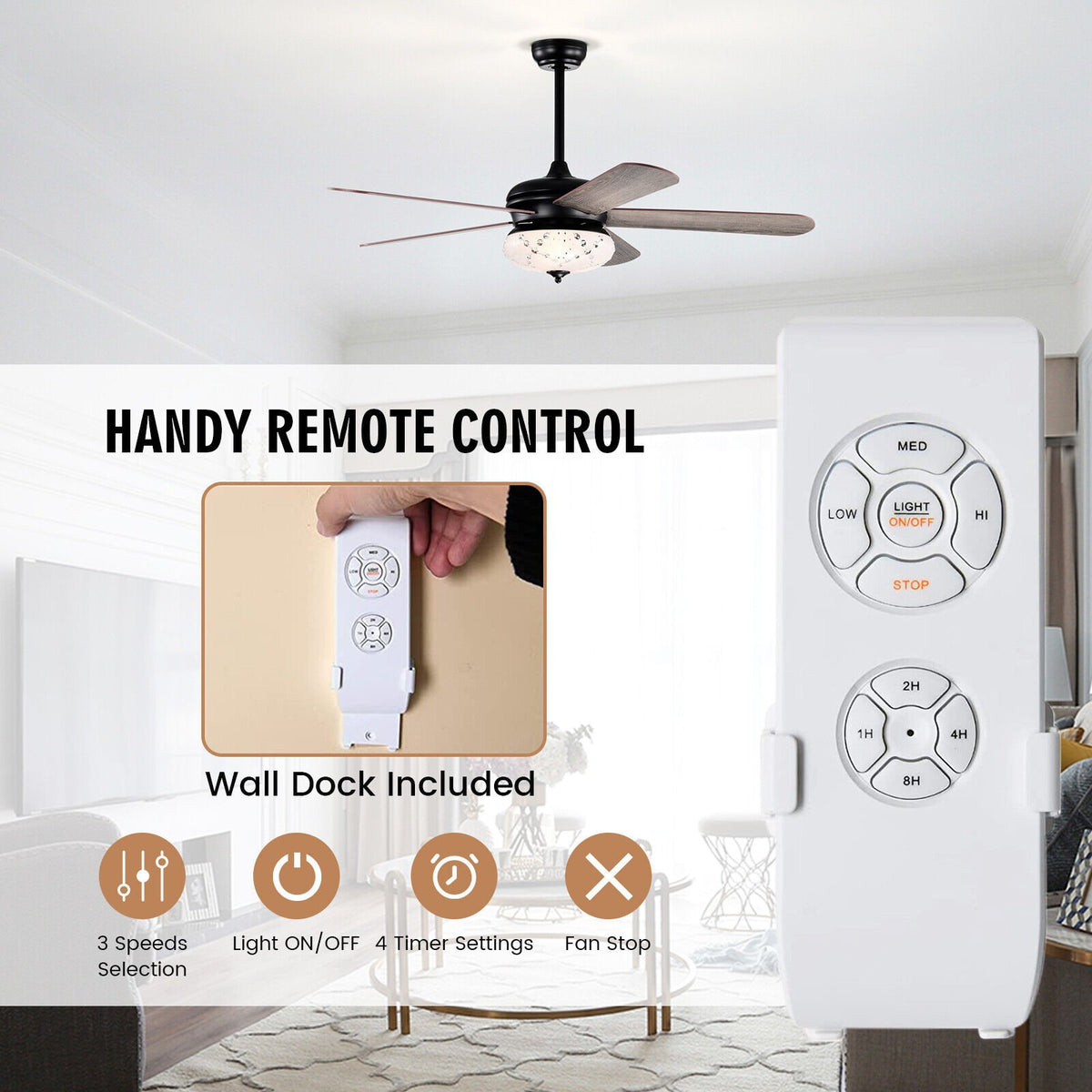 52 Inches Ceiling Fan with Remote Control-Oak view 7