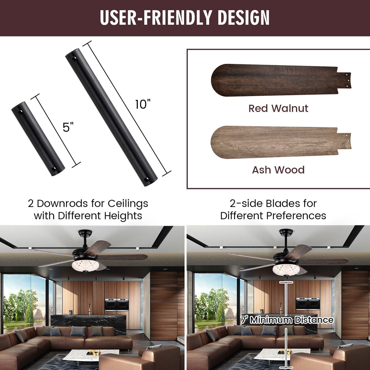 52 Inches Ceiling Fan with Remote Control-Walnut view 3